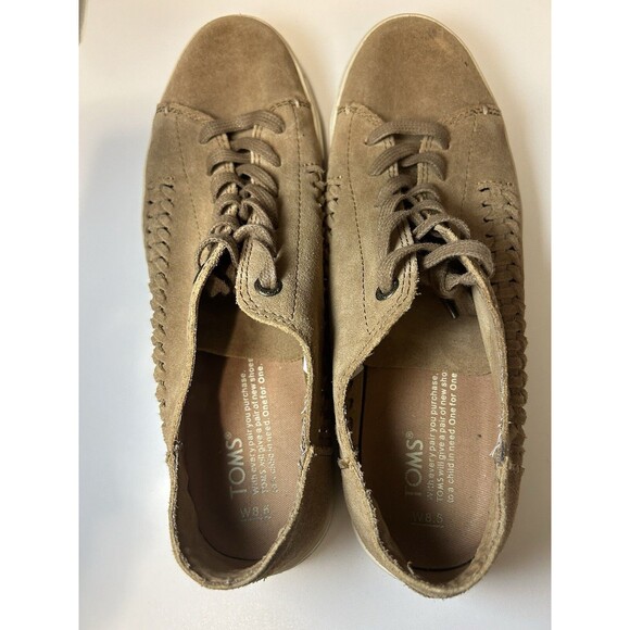 TOMS Women’s 8.5 Tan Suede Braided Lace Up Flats Sneakers Shoes - Picture 2 of 9